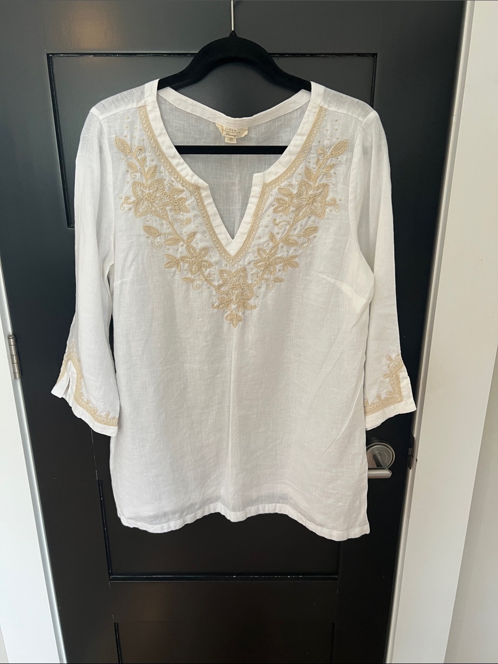 Charter Club 100% Linen White Tunic with Cream Embroidered V-Neck